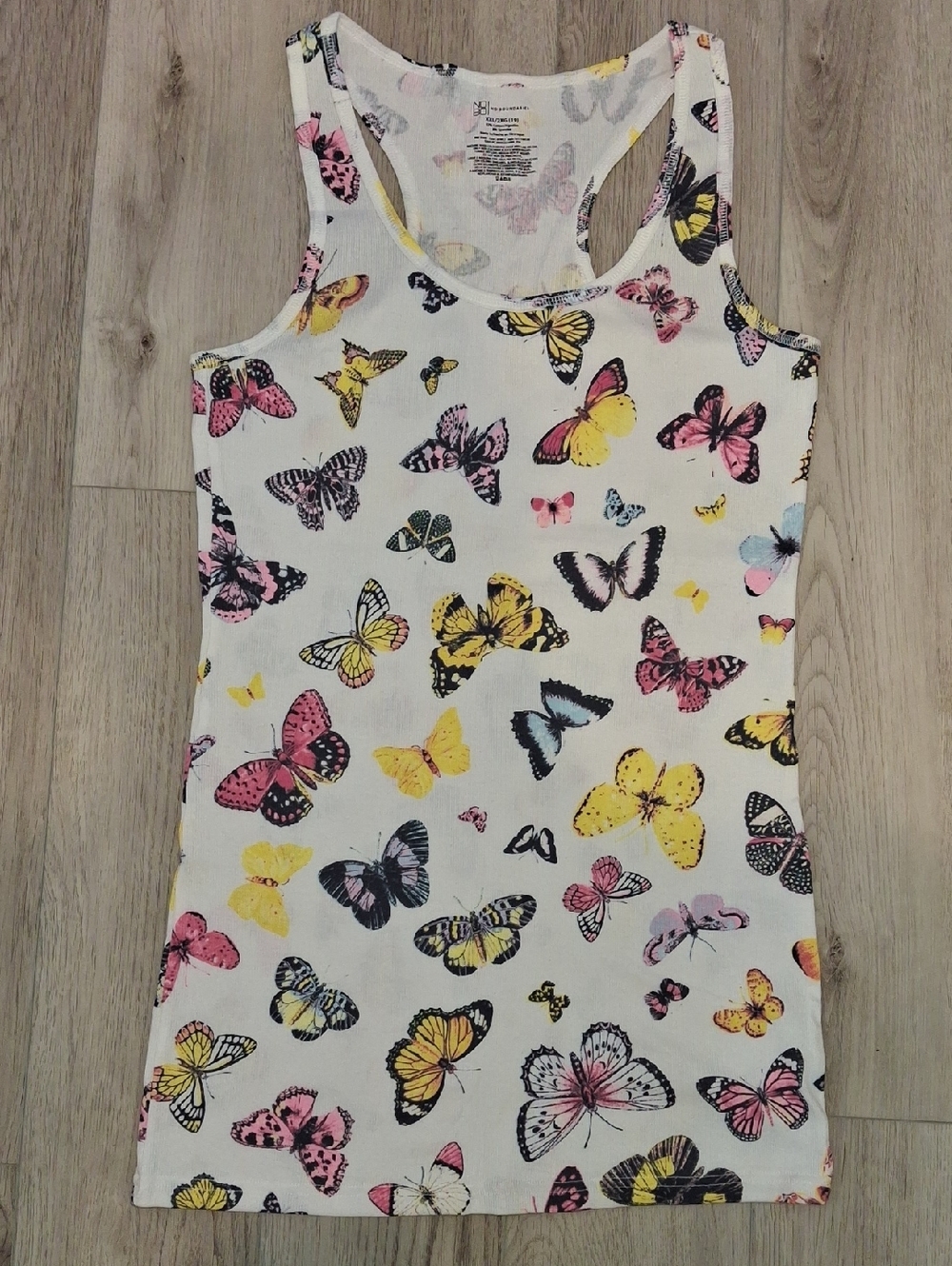 No Boundaries White Racerback Tank with Pink & Yellow Butterfly Print
